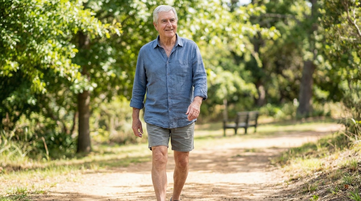 Senior walking confidently, no brace