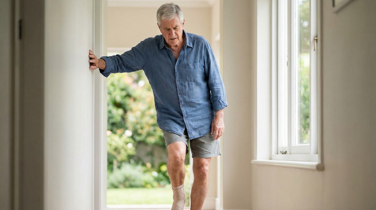 Senior with ankle brace, hesitant gait