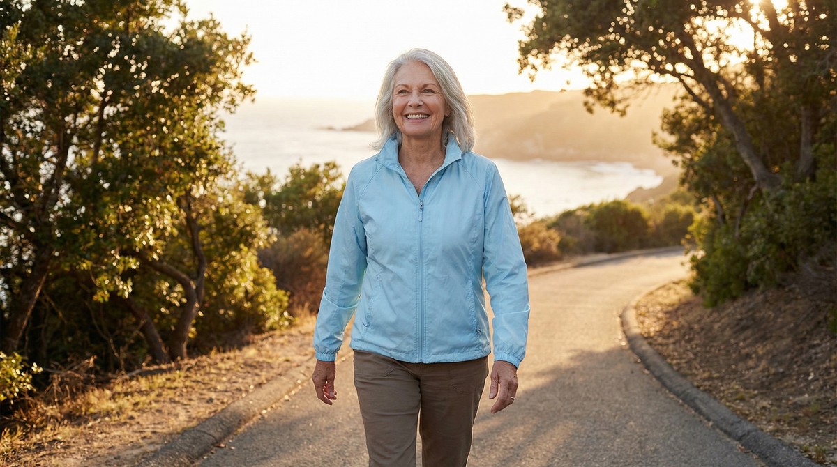 Senior walking confidently toward new beginning