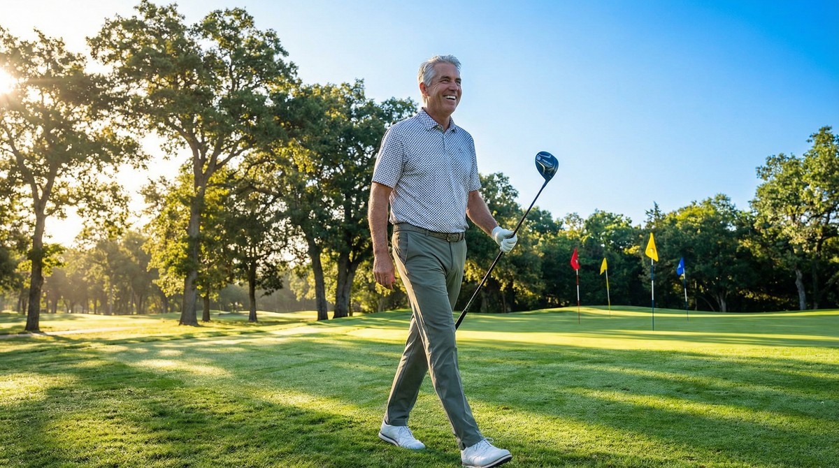 Guest walking confidently on golf course after treatment