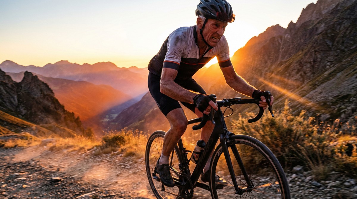 Masters cyclist powering up a climb