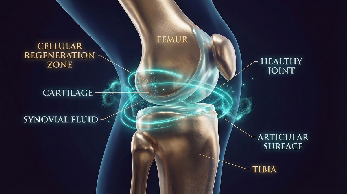 Medical illustration of joint protection and cartilage regeneration