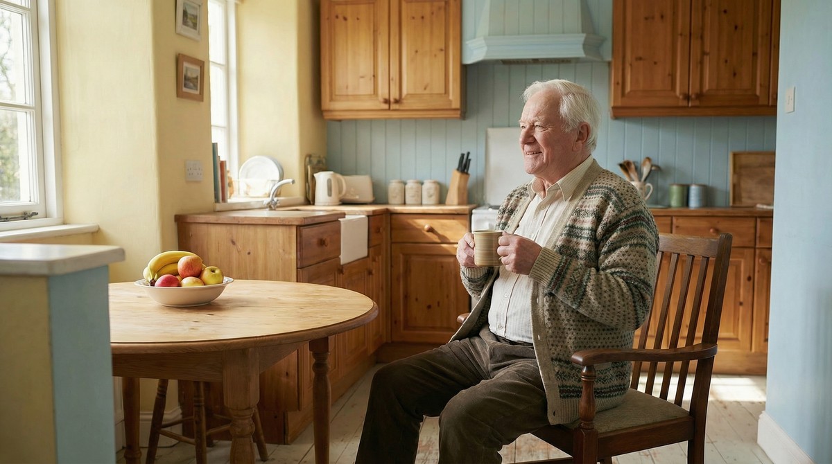 Senior sitting comfortably with morning coffee