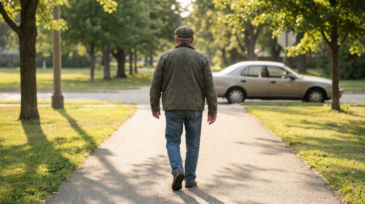 Senior walking confidently with full stride