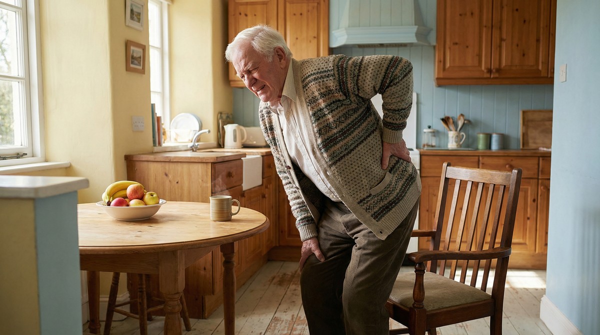 Senior wincing while trying to sit