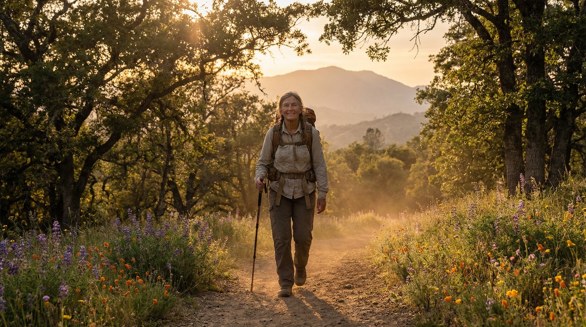 Senior walking confidently on scenic path