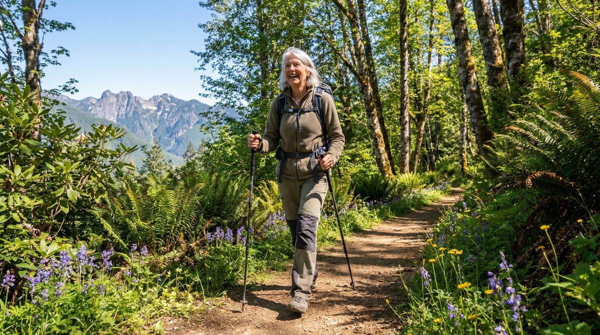 Senior hiking with perfect upright posture