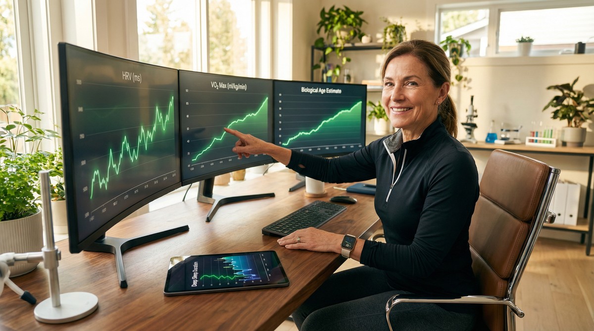 Biohacker celebrating breakthrough health metrics on dashboard