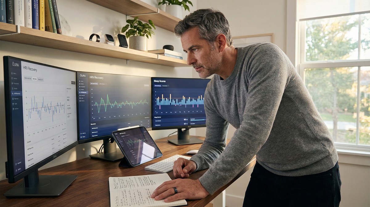 Biohacker analyzing data on multiple screens, searching for breakthrough answers