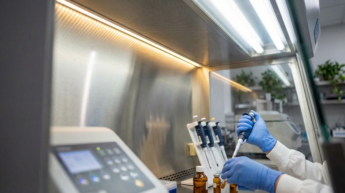 Scientist handling stem cell preparation in a precision laboratory with warm gold accent lighting