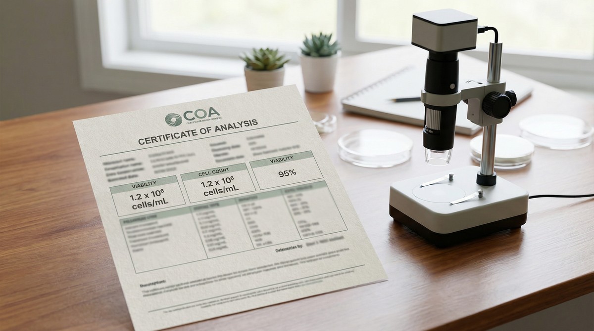 Sample Certificate of Analysis document showing cell viability percentage, total cell count, immunophenotype results, and sterility testing