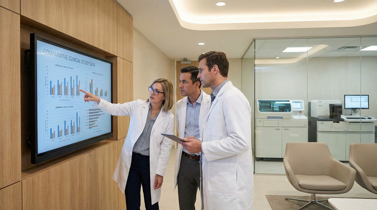 Medical professionals reviewing comparative clinical data on a large display