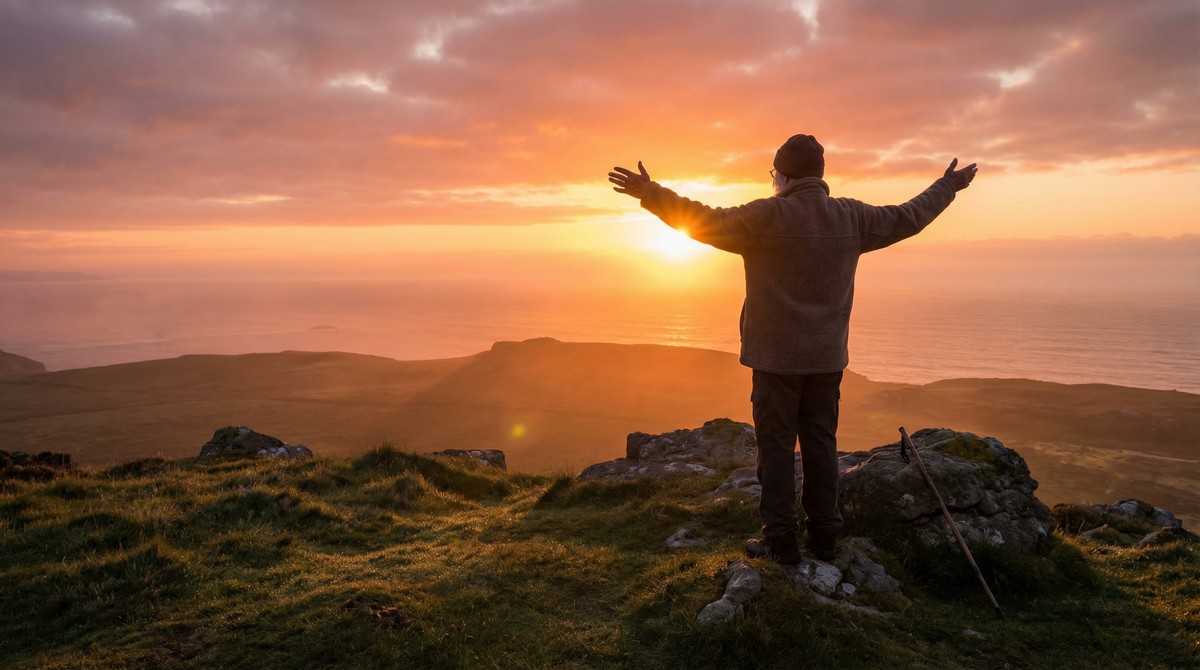 Senior taking deep breath at sunrise