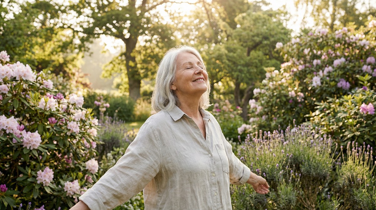 Senior taking deep, relaxed breath outdoors