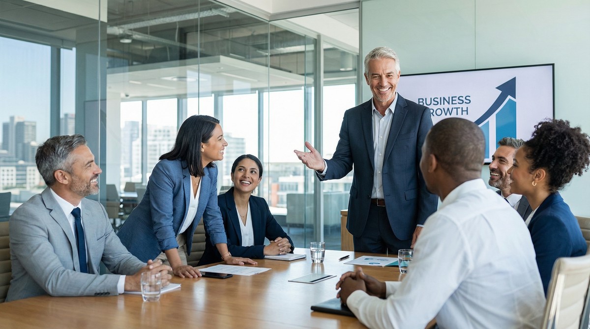 Executive leading successful boardroom meeting