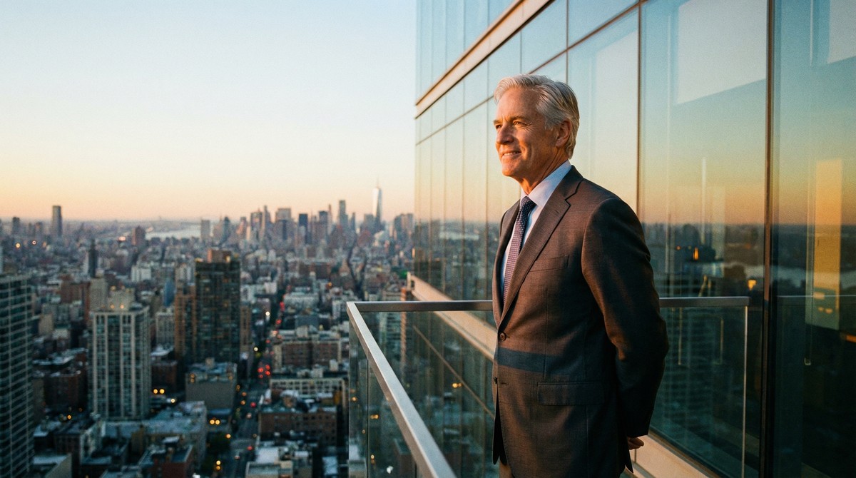 Executive in commanding rooftop pose overlooking city skyline
