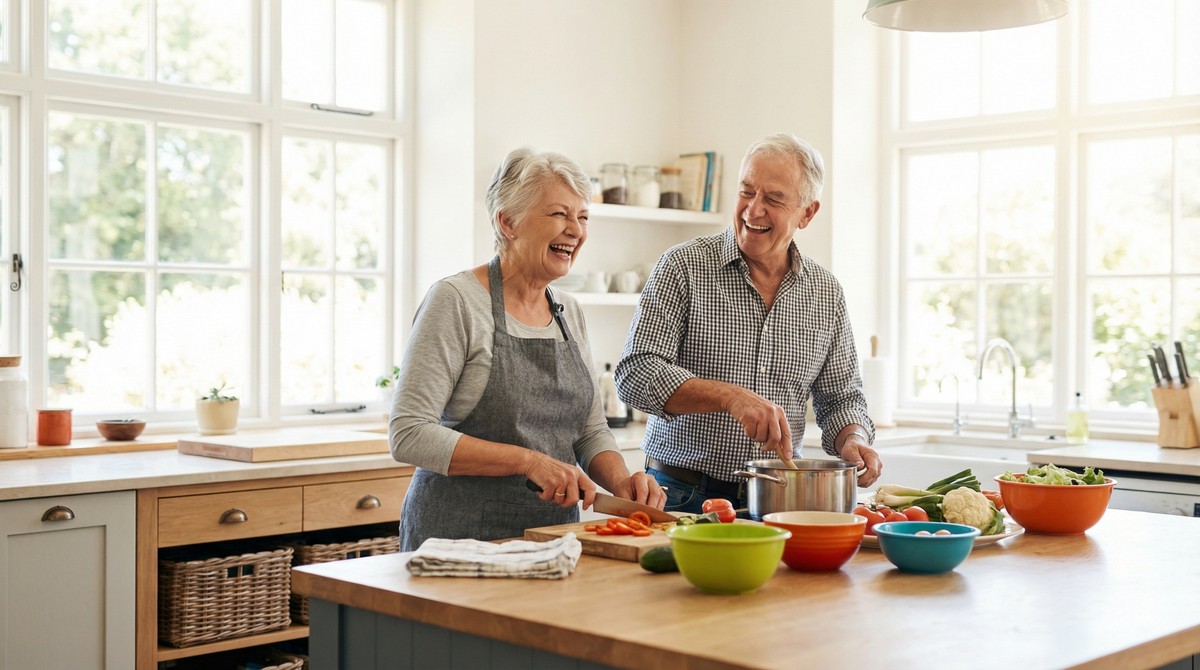 Senior couple preparing meal together