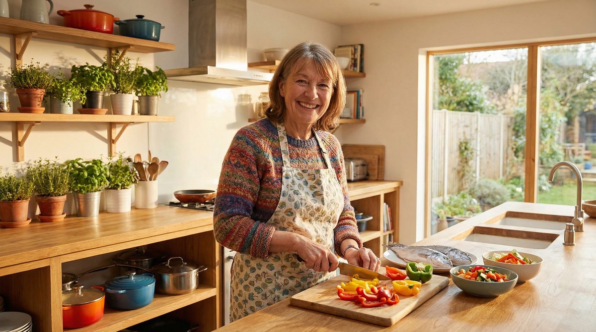 Smiling senior woman confidently preparing meal in bright kitchen