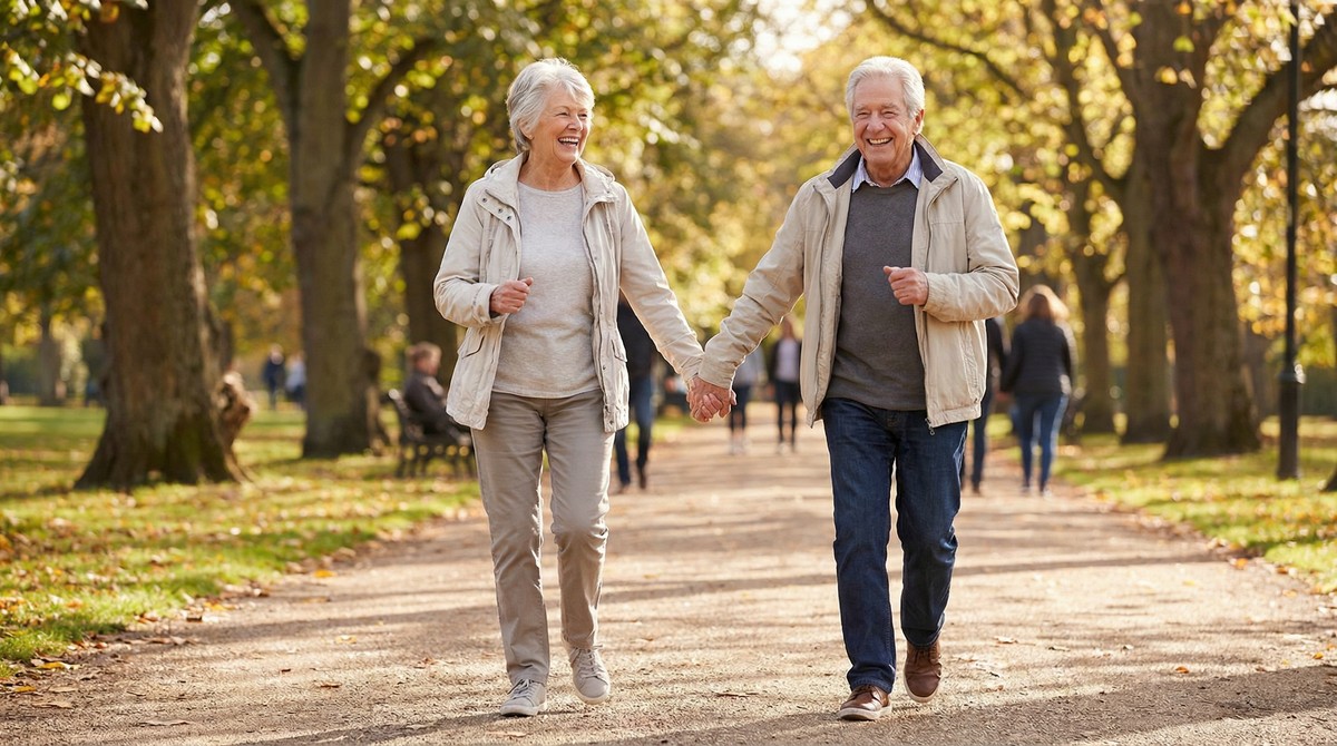 Active seniors walking in park