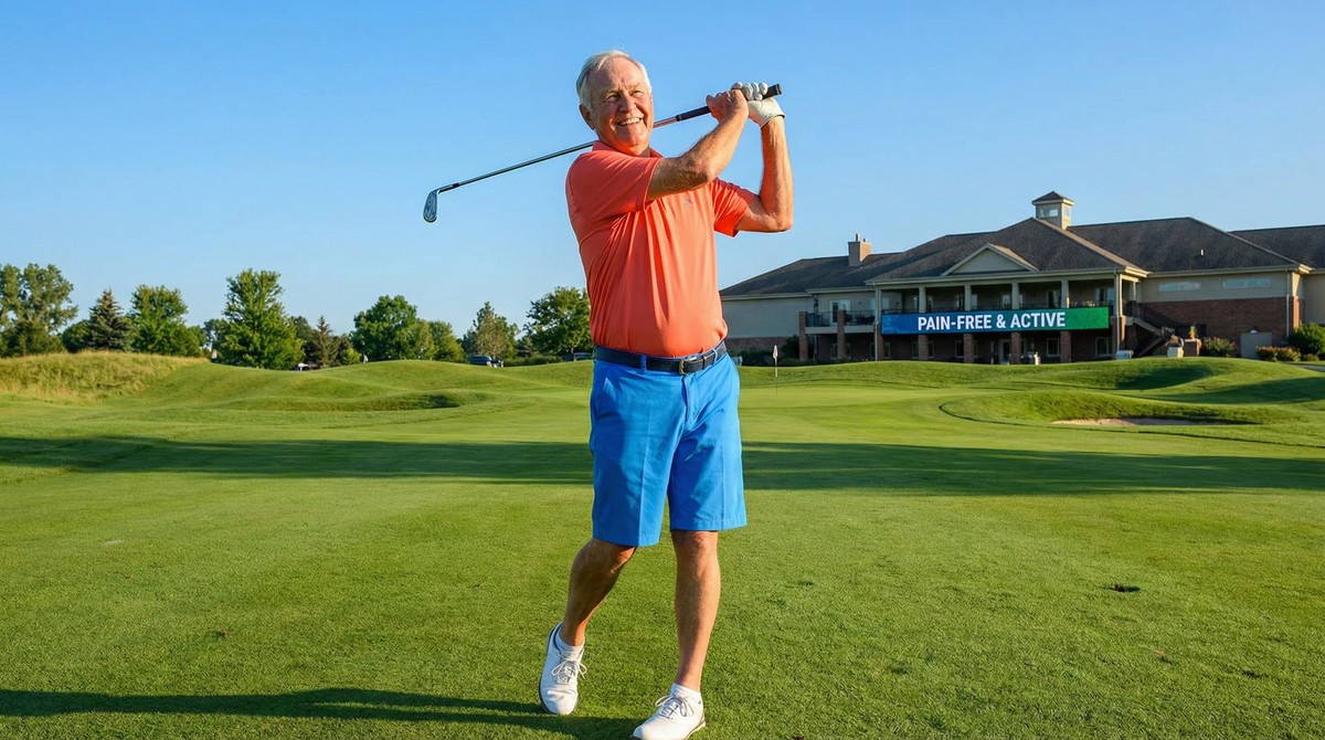 Same senior confidently teeing off with full hip rotation