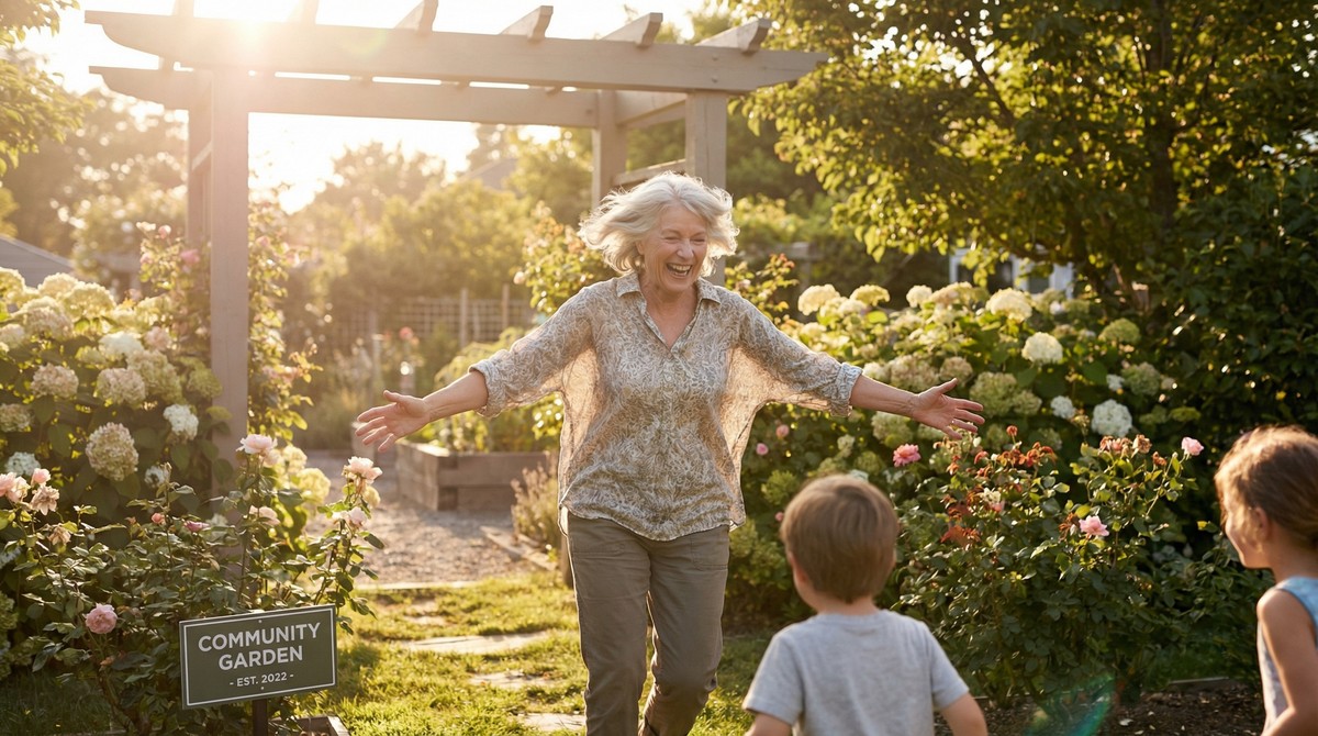 Senior joyfully playing with grandchildren in the garden