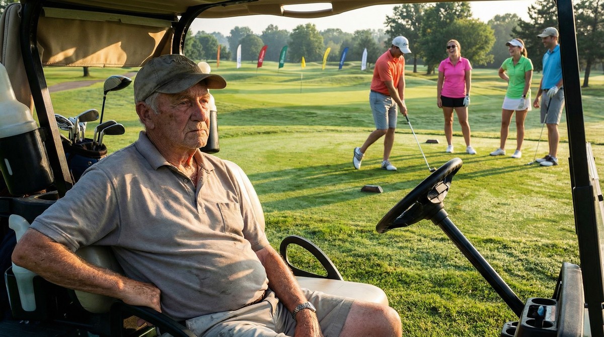 Senior sitting in golf cart watching others play, unable to walk the course
