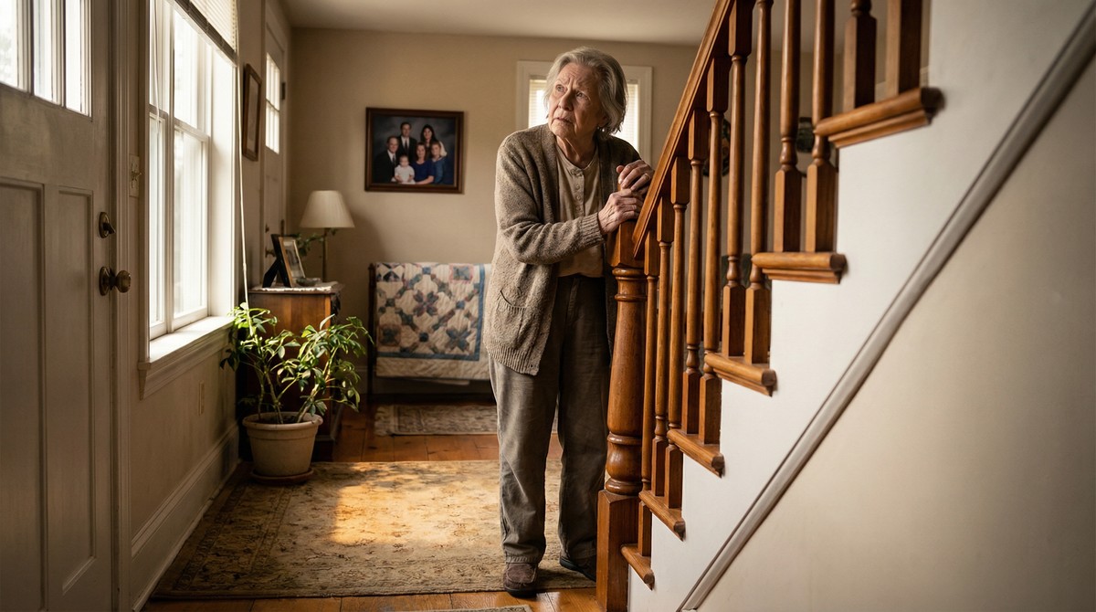 Senior struggling with stairs, pain evident in expression