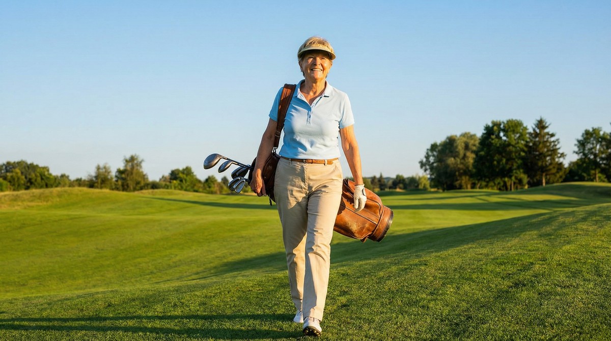 Senior walking confidently on golf fairway toward new future