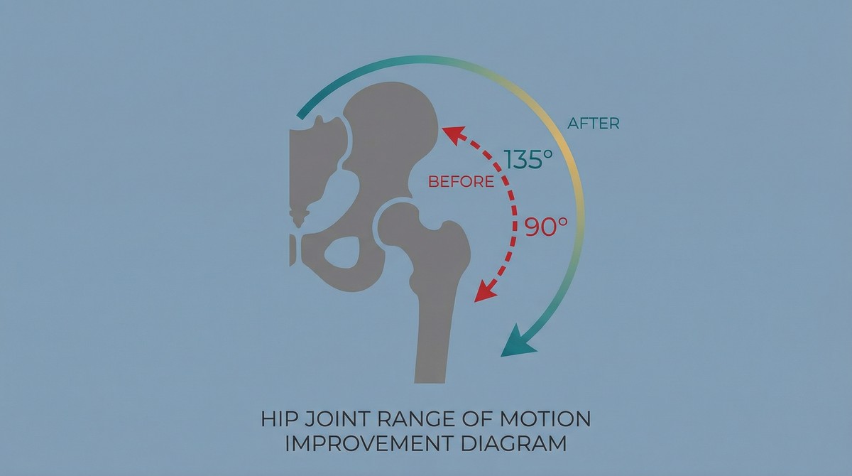 Before and after hip range of motion comparison showing improved flexibility