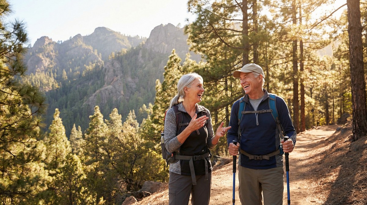 Active couple hiking a scenic trail together