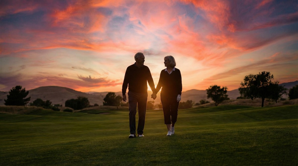 Couple walking on golf course at sunset