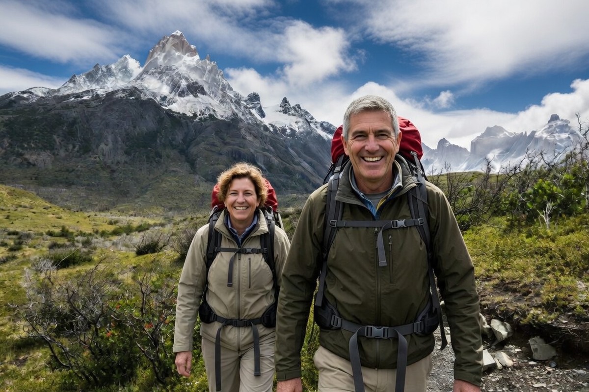 Active mature couple hiking together in nature