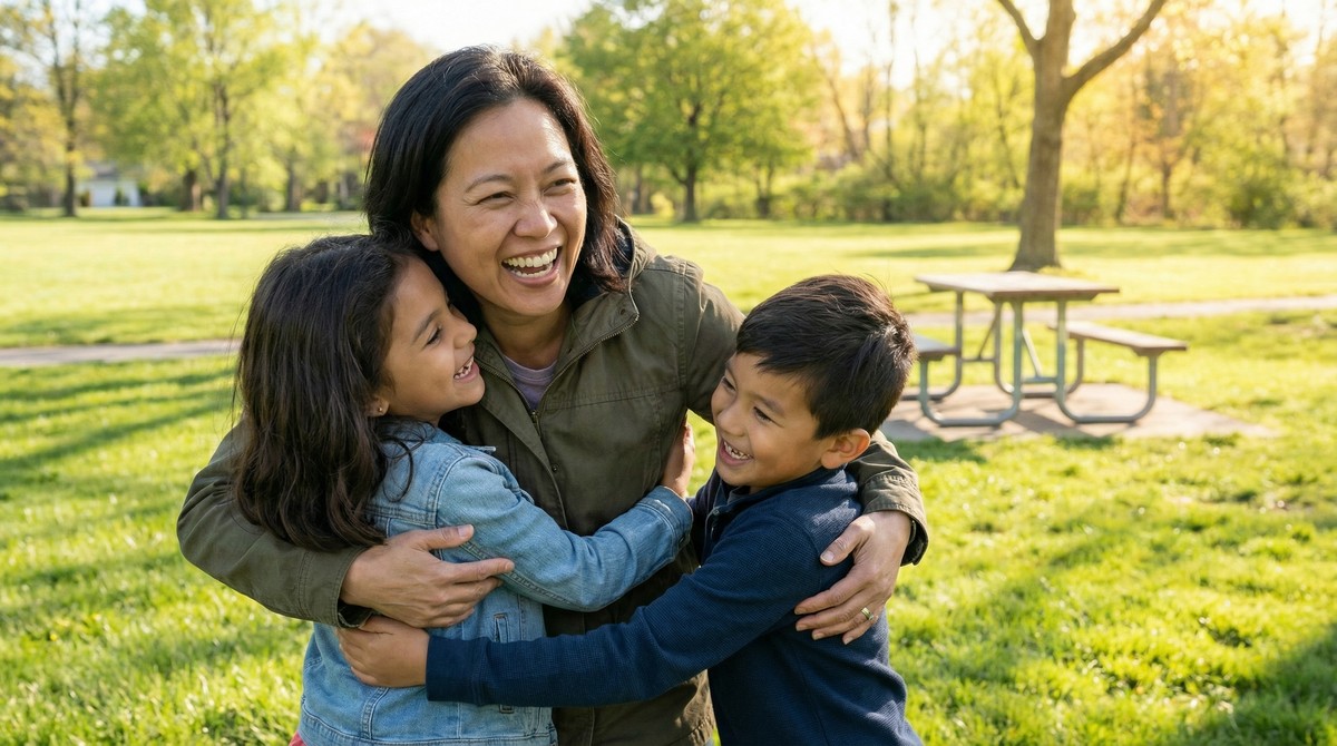 Person comfortably hugging grandchildren