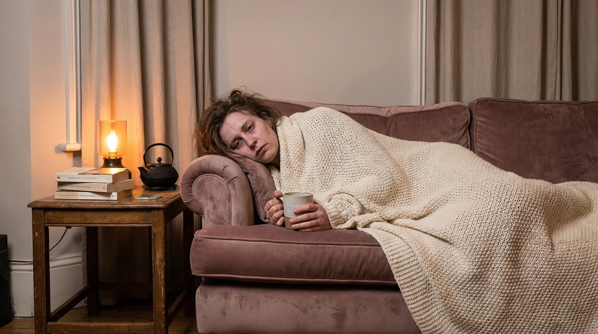 Person looking fatigued, wrapped in blanket indoors