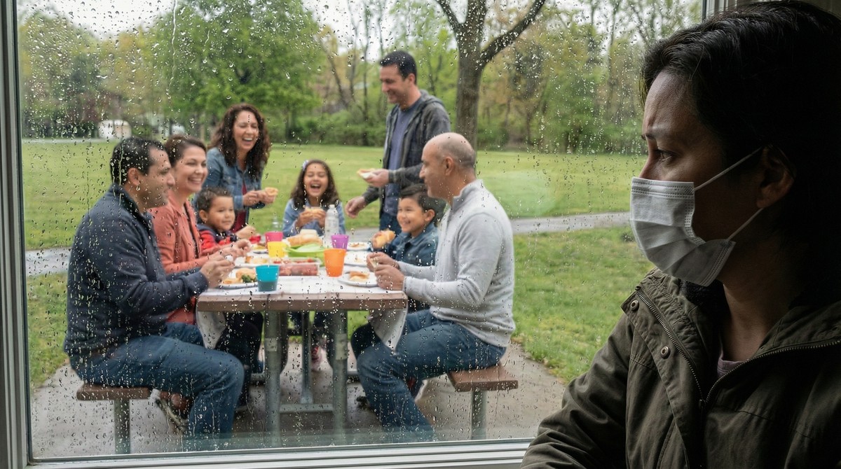 Person watching family gathering from distance
