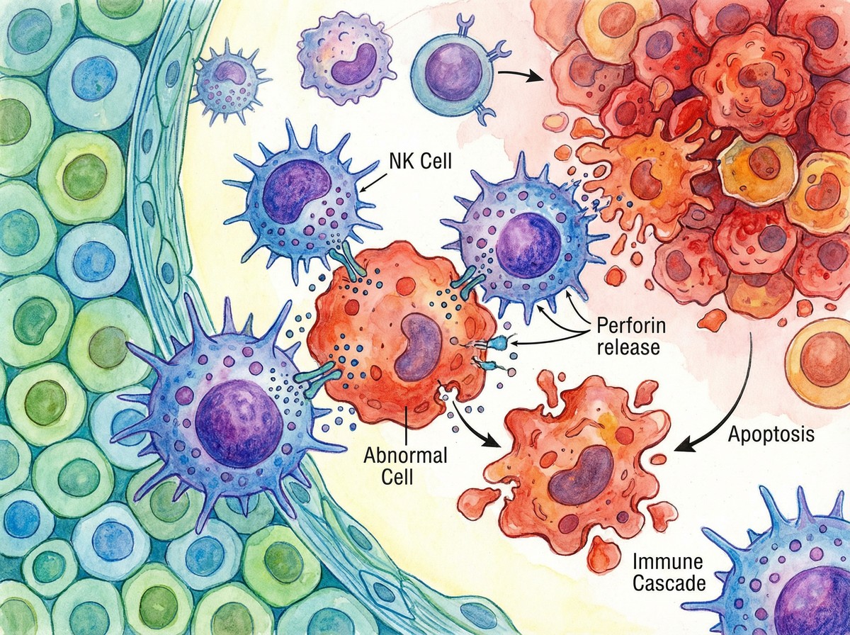 Medical illustration showing NK cells identifying and attacking abnormal cells