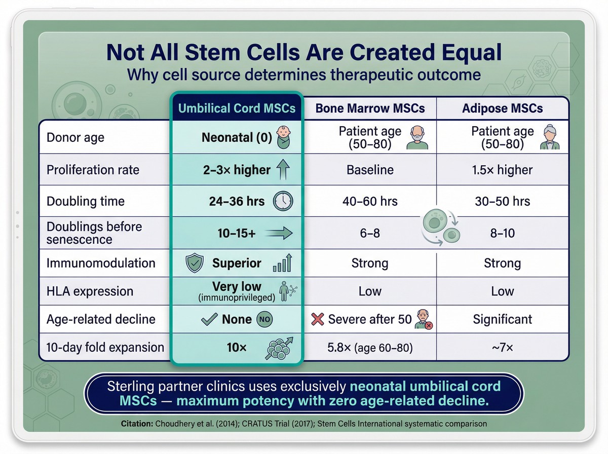 Infographic comparing umbilical cord MSCs, bone marrow MSCs, and adipose MSCs across 8 metrics. UC-MSCs show superior results in proliferation (2-3x higher), doubling time (24-36 hrs), immunomodulation, and zero age-related decline.