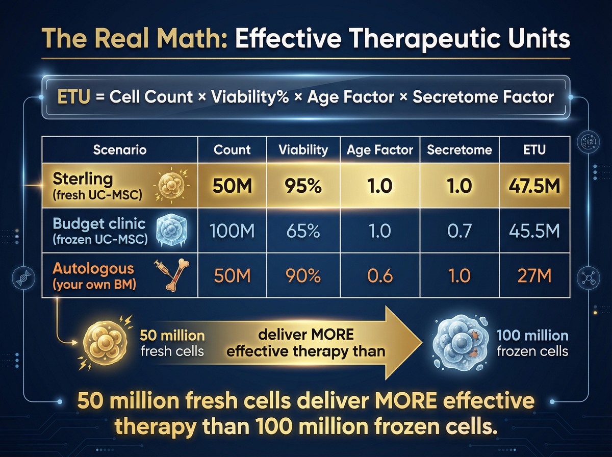 Infographic showing the Effective Therapeutic Units formula: ETU equals cell count times viability percent times age factor times secretome factor. Sterling fresh UC-MSC: 50M × 95% × 1.0 × 1.0 = 47.5M ETU. Budget frozen: 100M × 65% × 1.0 × 0.7 = 45.5M ETU. Autologous bone marrow: 50M × 90% × 0.6 × 1.0 = 27M ETU.