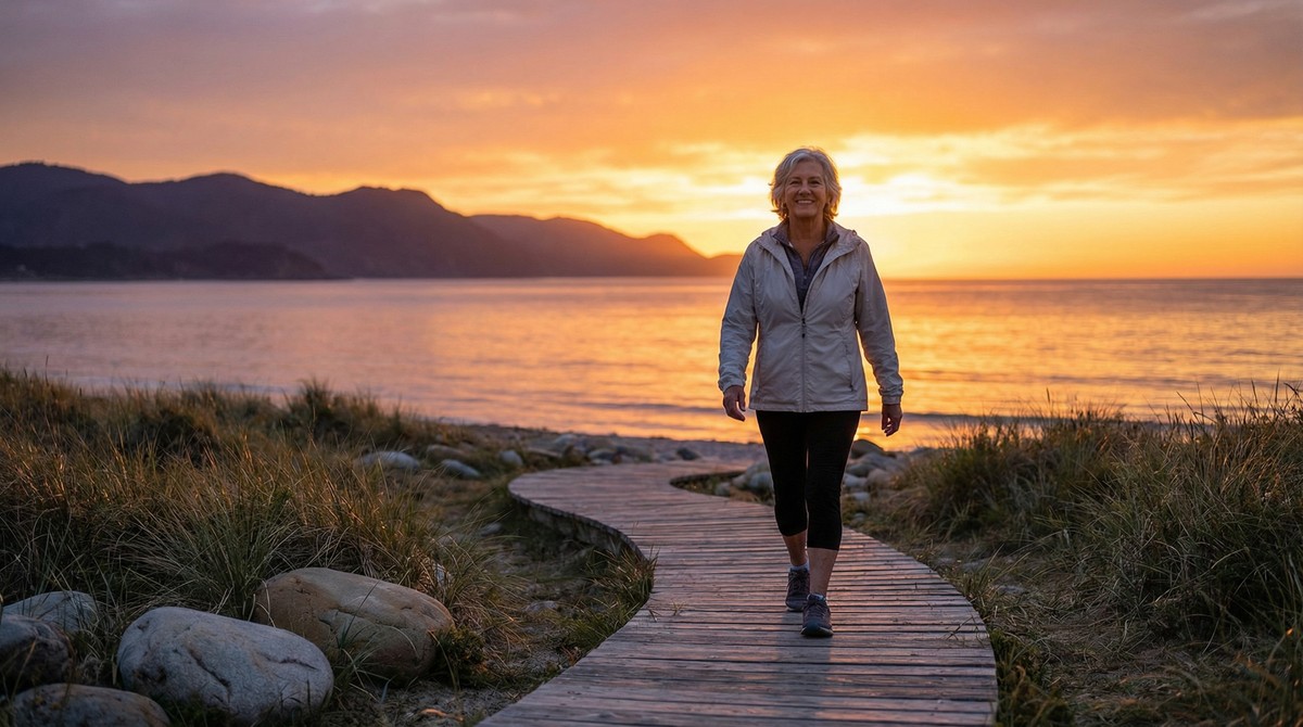Senior walking confidently on scenic path toward new future