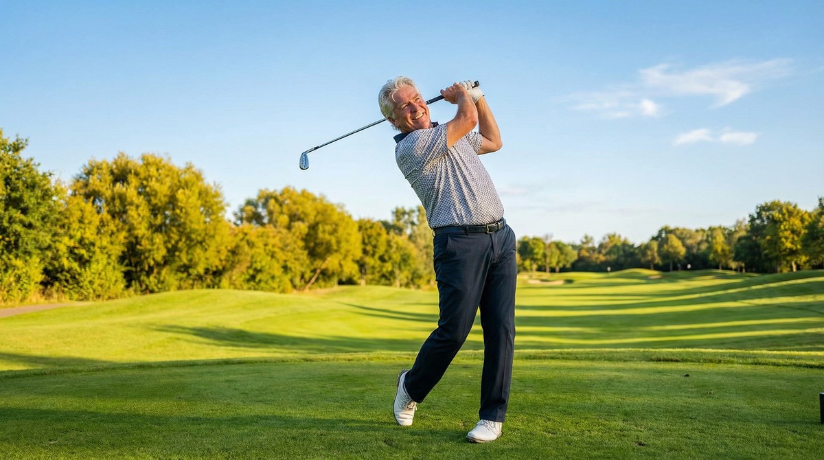 Mature person golfing pain-free after treatment
