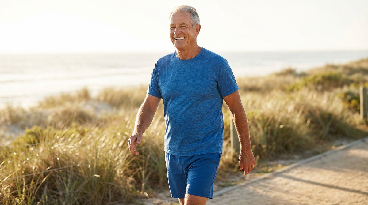 Senior walking confidently outdoors, pain-free