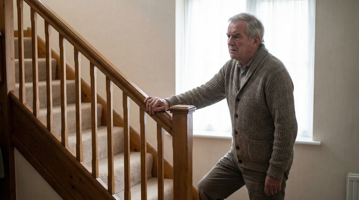 Senior hesitating at bottom of stairs