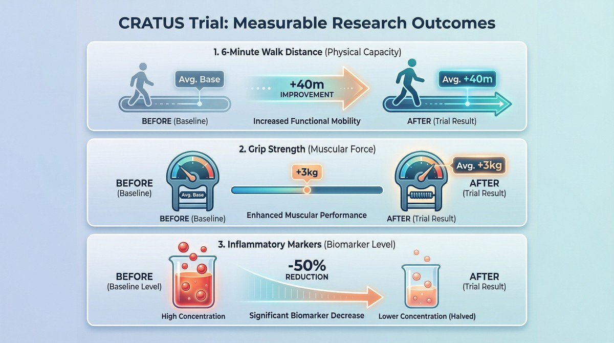CRATUS trial results showing measurable improvements in walk distance, grip strength, and inflammatory markers