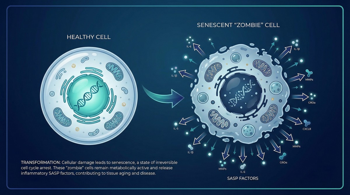 Scientific diagram showing healthy cell transforming into senescent zombie cell releasing SASP factors