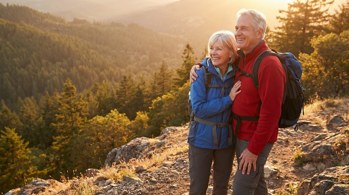 Joyful active couple in their 60s hiking at golden hour, embodying vitality and cellular health