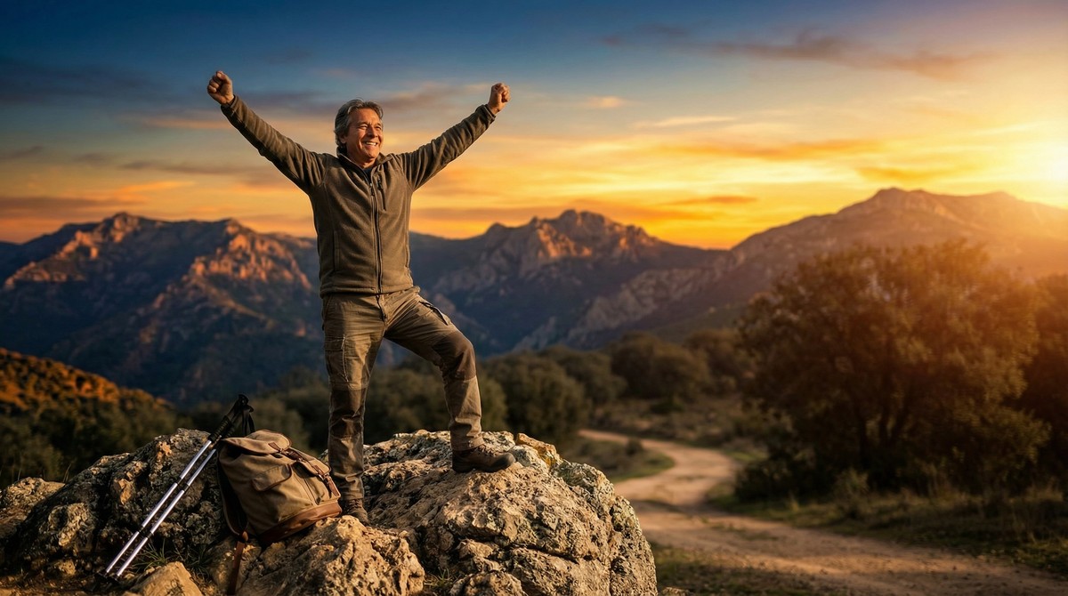 Same person at scenic overlook, arms raised, triumphant smile