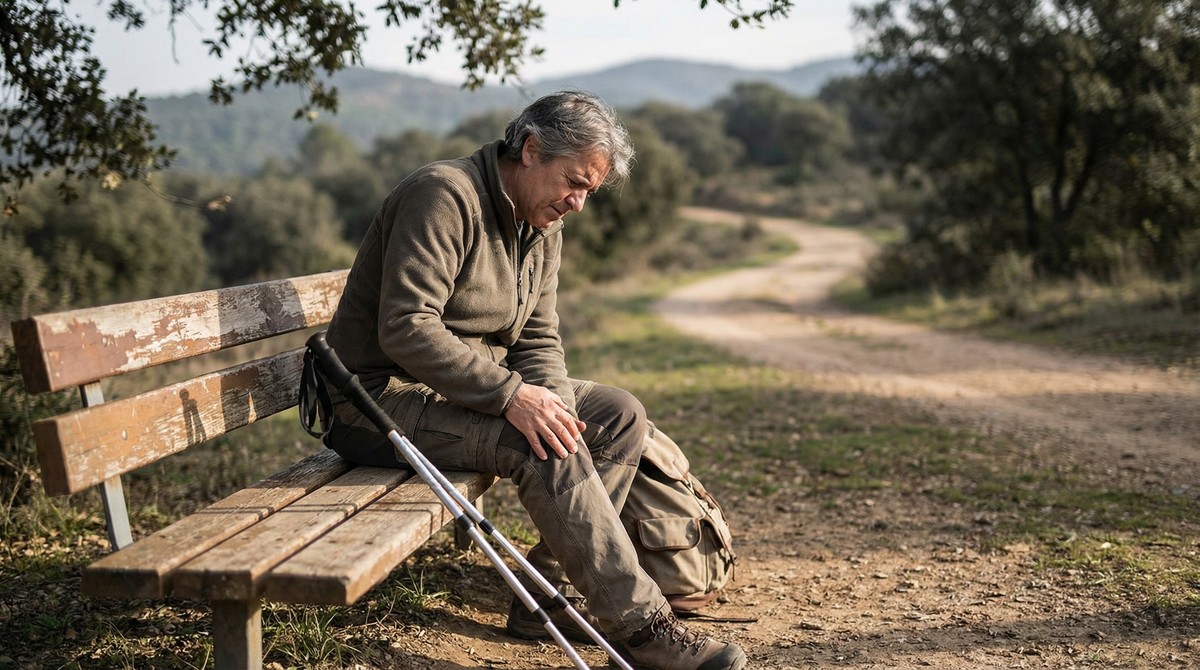 Active adult sitting frustrated, rubbing knee, hiking poles beside them