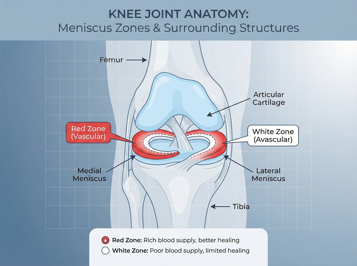 Knee anatomy illustration showing meniscus red and white zones