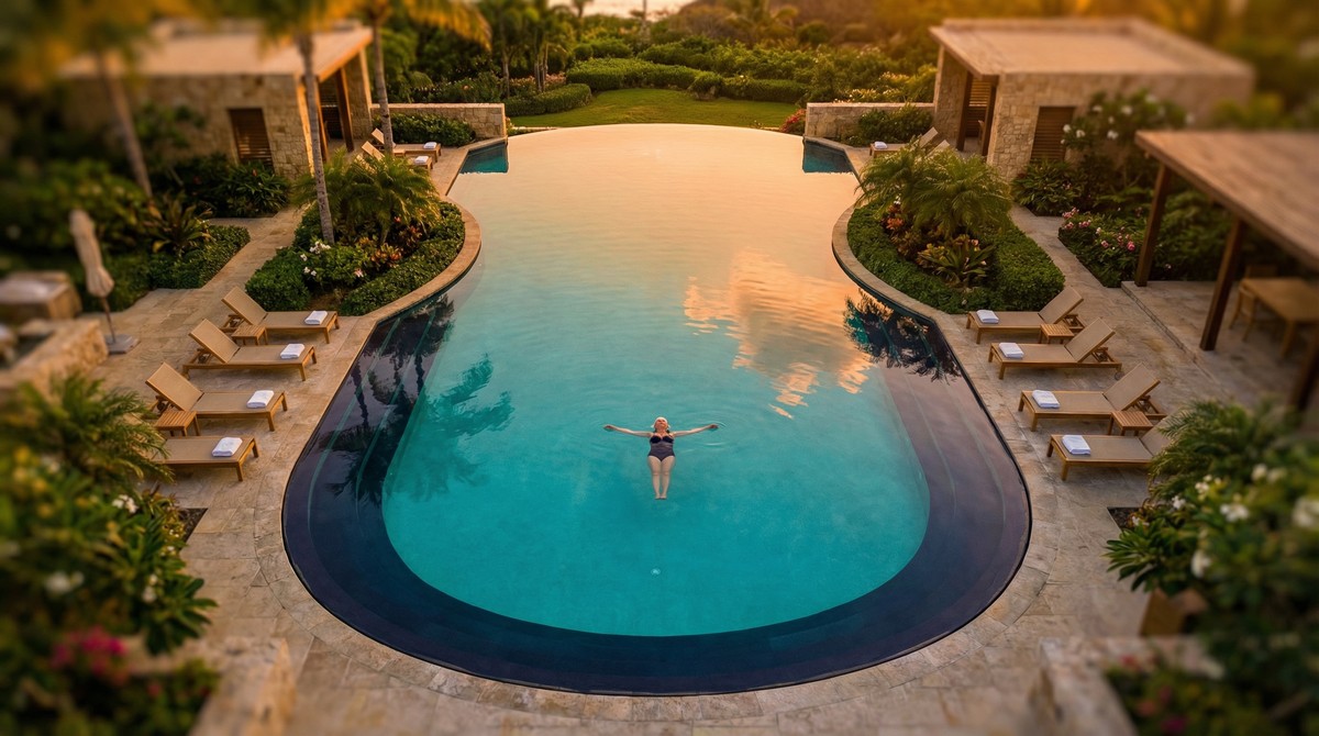 Luxury infinity pool at a tropical wellness resort during golden hour