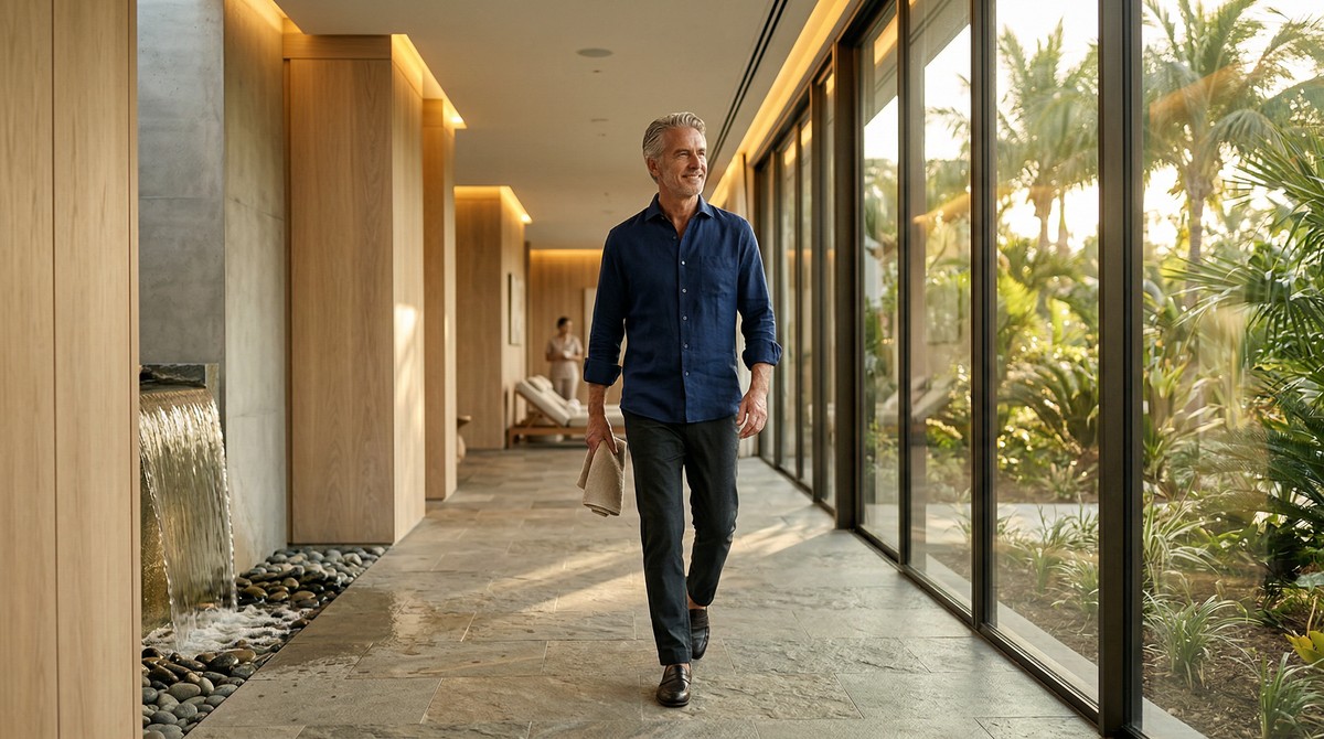 Guest walking through a modern wellness corridor with floor-to-ceiling windows and warm gold accent lighting